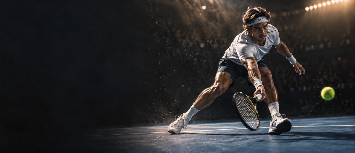 Tennis player reaching for a low forehand under stadium lights