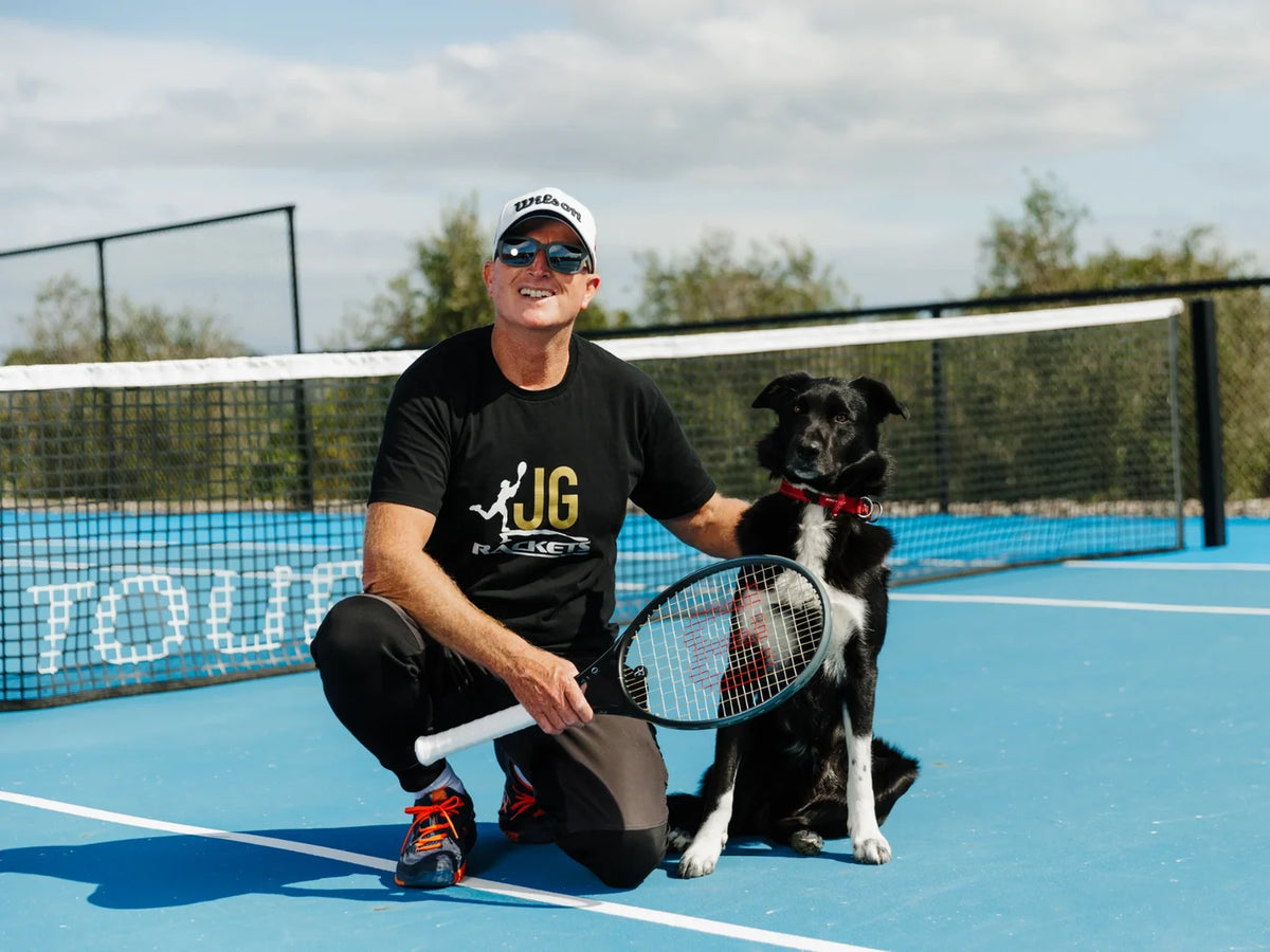 John Gardiner of JG Rackets on a tennis court